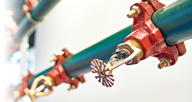 Fire sprinkler heads installed on ceiling piping for NFPA 25 evaluation testing