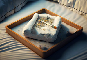 Cigarette placed on mattress surface during 16 CFR 1632 ignition test