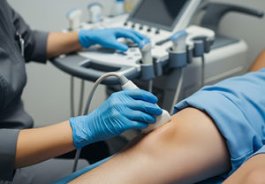 A medical professional performing an ultrasound examination on a