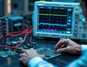 Engineer analyzes signal data digital oscilloscope in tech lab. Circuit board electronic component testing measurement, research. Hardware, software tech, innovation, modern technology. Electronics