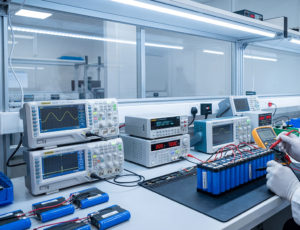 Male scientist testing a blue rechargeable battery module with a